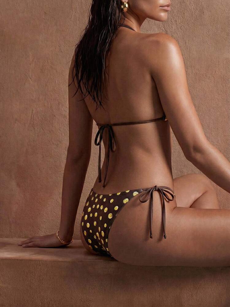 Women's Summer Beach Polka Dot Print Halter Tie Sexy Bikini Swimsuit Set