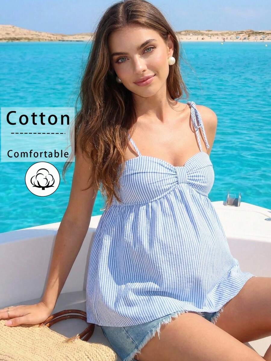 SHEIN 孕妇休闲条纹抽绳吊带背心 - 藍色 - 查看 1