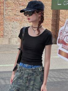 Dazy Kids Teen Girl Fitted Solid Color Short Sleeve T-Shirt Summer - Black - View 5