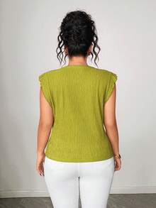 Elenzga Plus Size Women's Elegant And Fashionable Top, Suitable For Work, Casual And Holiday Wear. Made Of Rich Textured Stretchy Knit Fabric, Decorated With Wavy Pattern. Round Neck Design With Contrast Floral Ruffle Trim. Fitted Short Sleeve. Green. Spring/Summer. - Green - View 2