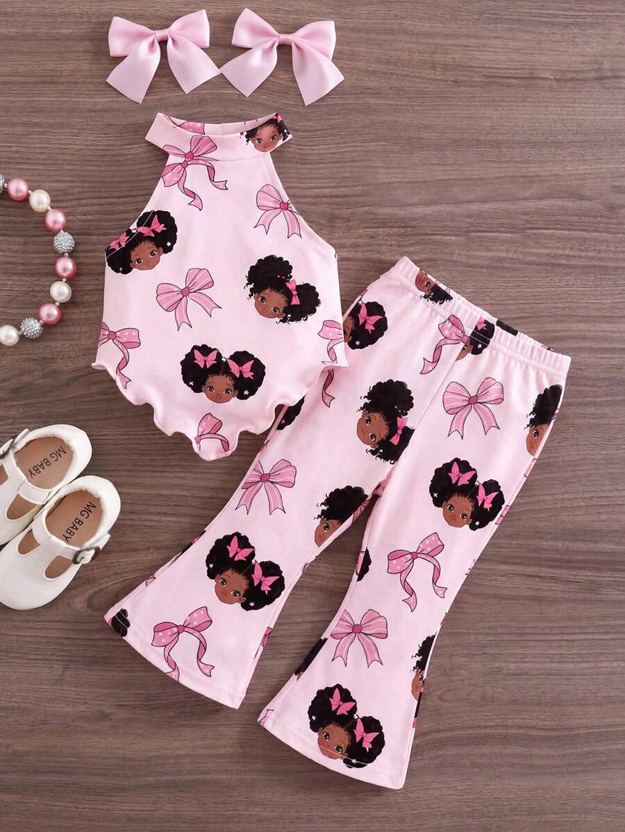 SHEIN Bộ đồ bé gái dễ thương đi nghỉ mát, áo hai dây dệt kim thắt nơ và quần ống loe, quần yếm cho bé gái, bộ áo liền quần cho bé gái, bộ đồ liền thân in nơ cho bé gái, quần áo bé gái, trang phục mùa hè cho bé gái, bộ áo liền quần ống loe cho bé gái. - Hồng - Xem 1