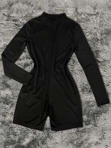 SHEIN Jumpsuit Wanita Ukuran Besar Model Slimming Lengan Panjang dengan Resleting, Model Terbaru - Hitam - View 2