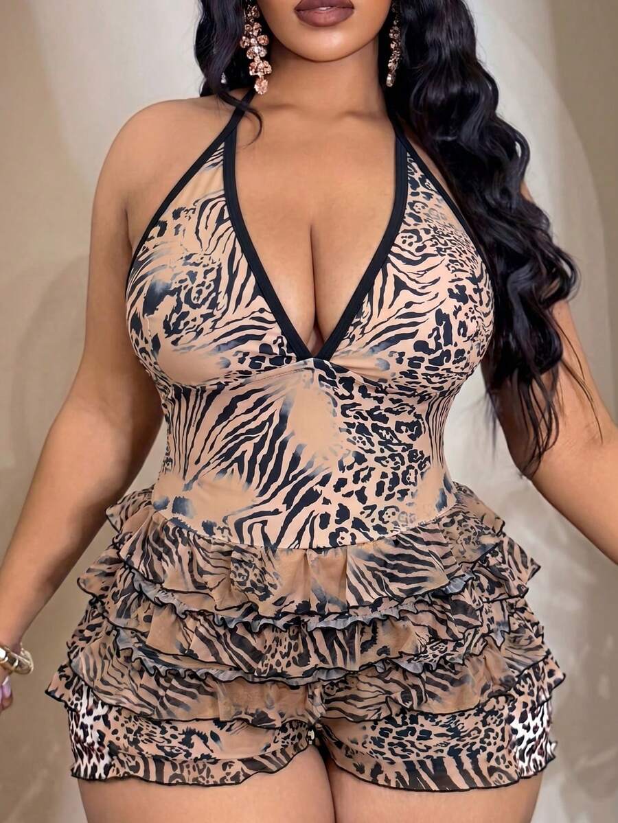Slaydiva Plus Size Women's 1 Piece Random Leopard Print Elegant Ruffled Casual One-Piece Swimsuit - Multicolor - View 1