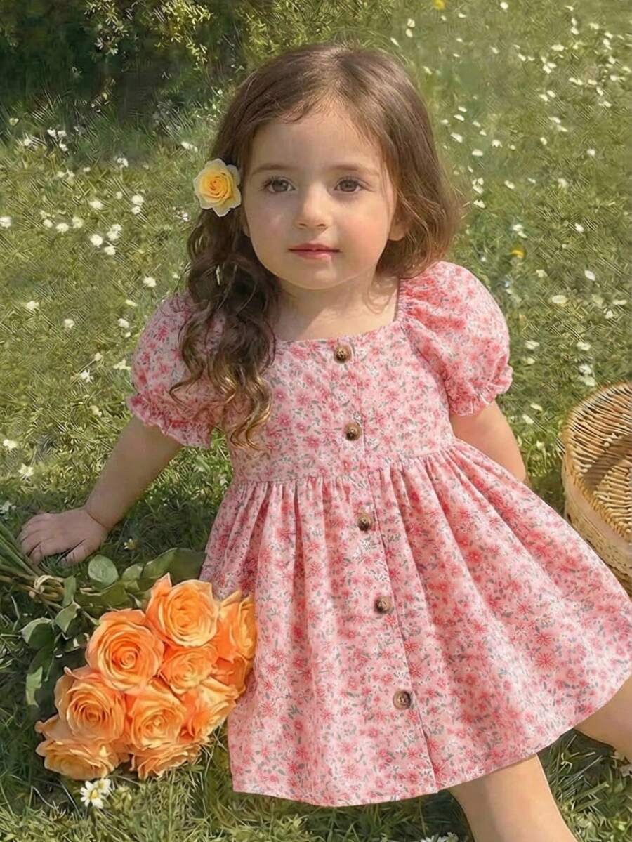 Babygirl Summer Cute Ditsy Floral Petal Sleeve Square Neck Dress - Multicolor - View 1