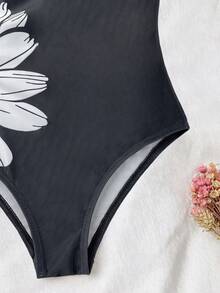 SHEIN 女童碎花印花连体泳衣，饰有3D立体花朵 - 黑與白 - 查看 6
