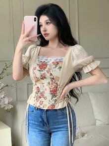 Feyla 女士优雅提花拼接交叉系带腰部衬衫，夏季 - 杏色 - 查看 5