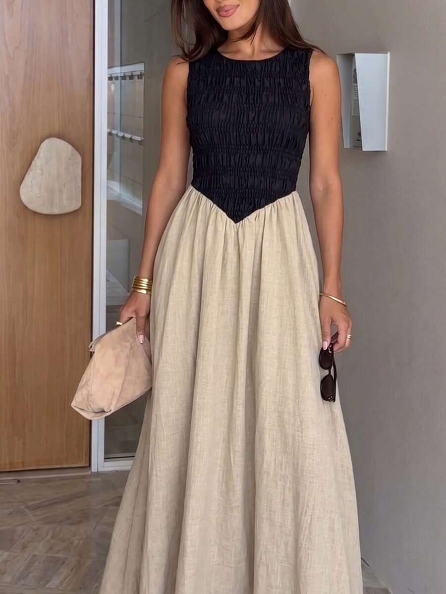 Siren Gaze 女士夏季优雅休闲长款连衣裙，无袖圆领褶皱上衣飘逸长裙，适合海滩度假毕业典礼穿着，黑米双色夏季连衣裙，女士夏季连衣裙，女士休闲连衣裙，夏季服装，女士夏季穿搭 - 彩色 - 查看 1