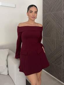 女士秋季露肩长袖装饰鸡尾酒会礼服，适合派对、约会之夜 - 酒紅色 - 查看 4
