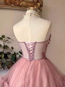 Lovelzi Elegant Lace Patchwork Satin Handmade Embroidered Applique Waist Cutout Fitted Short Dress, Suitable For Dates, Singles Parties, Galas, Balls - Dusty Pink - View 6