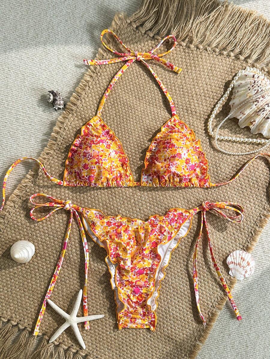 Swim Mod Conjunto de bikini de 2 piezas con estampado floral, cuello halter y volantes, traje de baño sexy para vacaciones de primavera/verano en la playa - Multicolor - Ver 1
