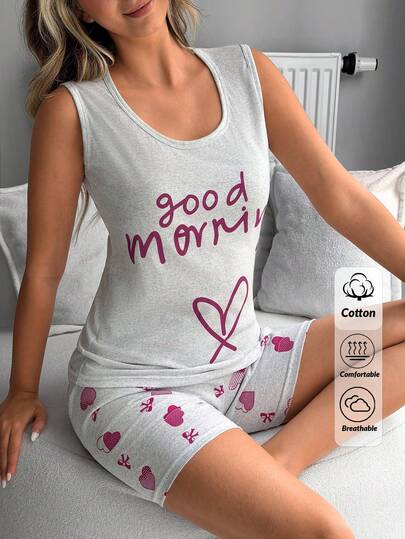 SHEIN 100% Cotton Women 2 Pcs Sleeveless Good Morning Letter & Heart Patterned Sleep Top + Elastic Waist Relaxed Comfort Sleep Shorts Bottom Casual Pajama Set