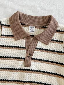 SHEIN Vintaside Kids 男婴夏季翻领短袖时尚休闲简约T恤搭配休闲时尚短裤套装，适合户外旅行、度假、日常休闲、公园散步等场合。 - 杏色 - 查看 7