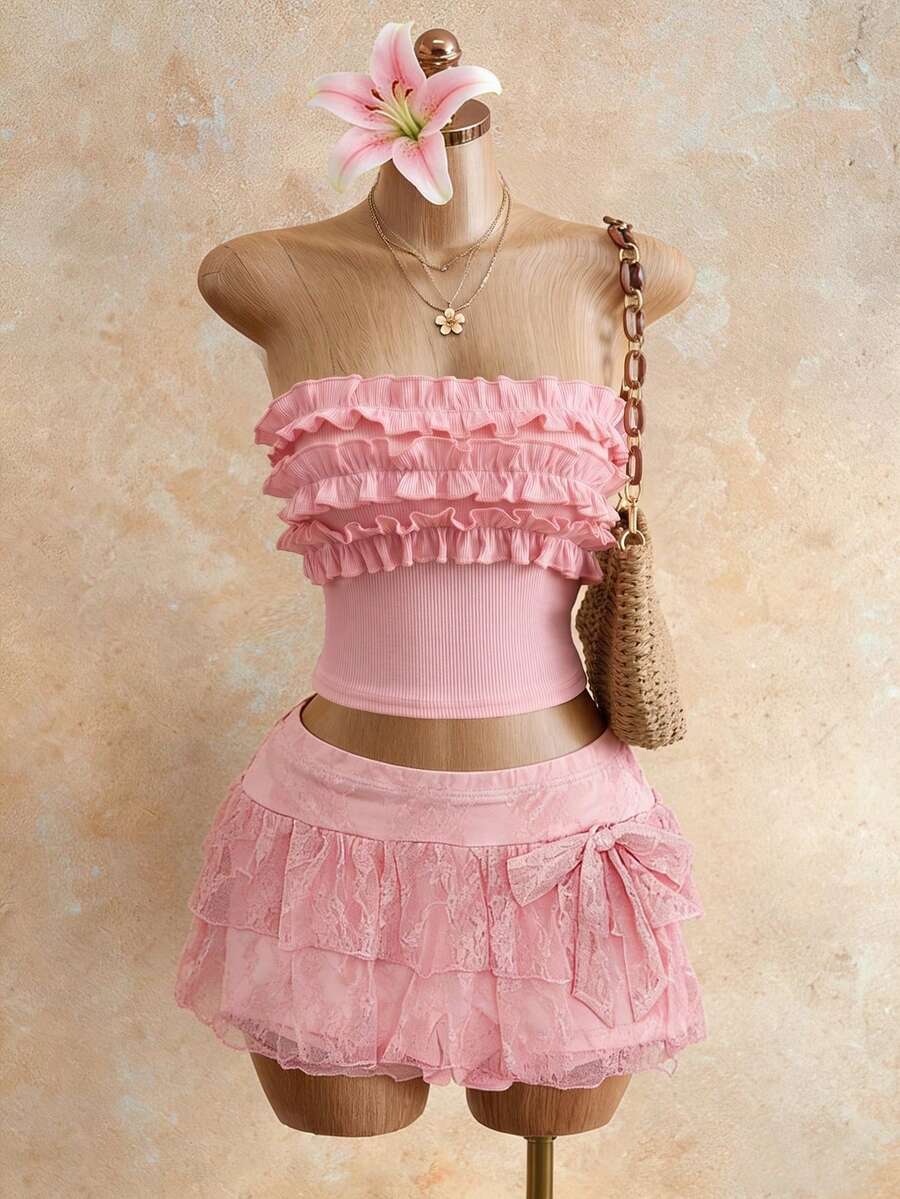 Roelina Áo quây nữ viền bèo - Hồng - Xem 1