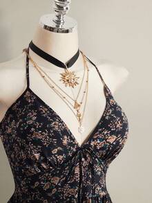 SHEIN ICON 大码女式碎花V领开衩连衣裙 - 彩色 - 查看 7