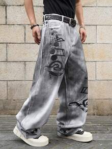 Manfinity EMRG Quần ống loe thẳng, in họa tiết denim rách dành cho nam - trắng - Xem 1