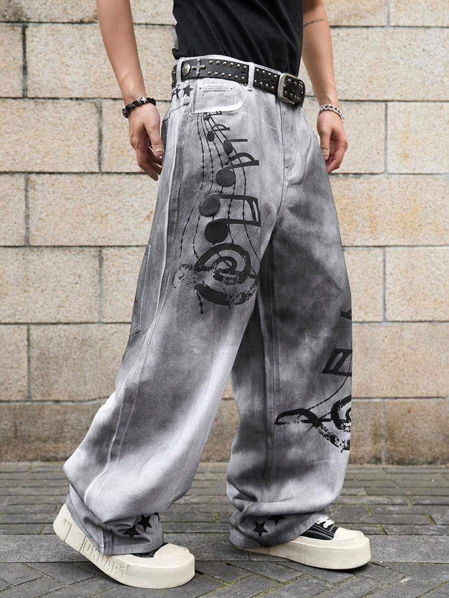Manfinity EMRG Quần ống loe thẳng, in họa tiết denim rách dành cho nam - trắng - Xem 1