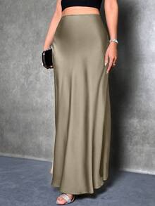 SHEIN Tall Chân váy dài dáng đuôi cá màu trơn dành cho nữ, chất liệu satin, kiểu dáng thanh lịch, phù hợp cho các bữa tiệc và mặc hàng ngày, màu đen. - Màu Khaki - Xem 3