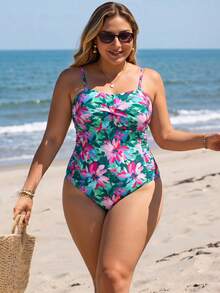 Swim Lushoire Plus Size Women Random Print Front Twist Decor One-Piece Swimsuit, Flattering For Beach Beach Vacation, Resort, Party Teal Summer - Multicolor - View 4