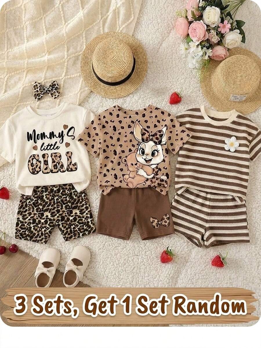 Mama's Little Girl❤奶油白色复古豹纹女婴休闲简约圆领宽松短袖T恤和紧身短裤套装适合春夏季 - 彩色 - 查看 1