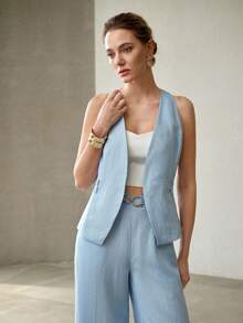 MOTF PREMIUM LINEN DUAL WAIST TIE HALTER NECK VEST, SPRING/SUMMER - Blue - View 8