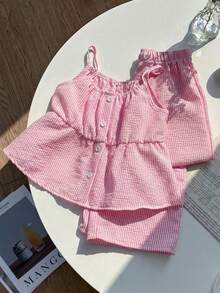 SHEIN Tween Girl Casual Sweet Vacation Ruffle Elastic Camisole Top Paired With Loose Wide Leg Pants 2 Pieces Set, Suitable For Spring/Summer, Daily, Holiday, Travel, Beach And Other Occasions - Pink - View 7