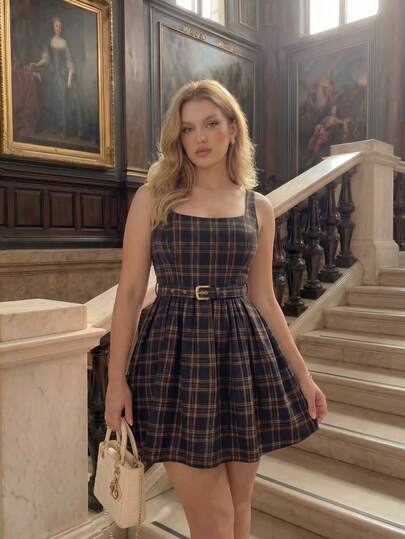 SHEIN MOD Plus Size Women Women's Navy Blue & Brown Plaid Mini Dress,Belted Waist ,Square Neckline ,Vintage,Romantic,Classic Style,Comfortable, Elegant,Summer Holiday Outfits,Spring /Summer Outfits Women,Valentine's Day,Elegant Party , Luxury Evening, Ceremony,Beach Vacation Outfits For Women,Vacation Outfits Women, Elegant Long Dress , Elegant Women's Ceremony Dress,Wedding Guest Dress For Women,Graduation Dress For Women ,Summer Dress