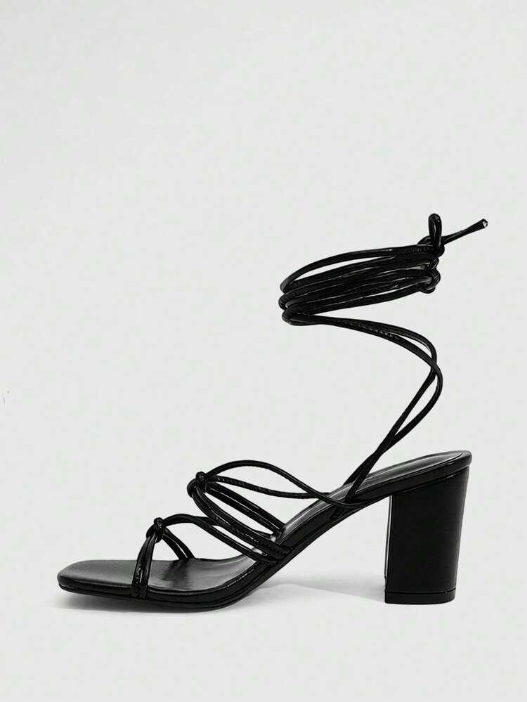 CUCCOO SZL Women Shoes Square Toe Thick High Heel Black Strap Knotted Lace-Up Fashion Classic Comfortable Ankle Strap Sexy High Heel Sandals