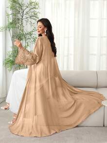 SHEIN Najma Abaya ligera de apertura frontal para primavera/verano con bordado floral en los puños y el bajo - Naranja - Ver 3