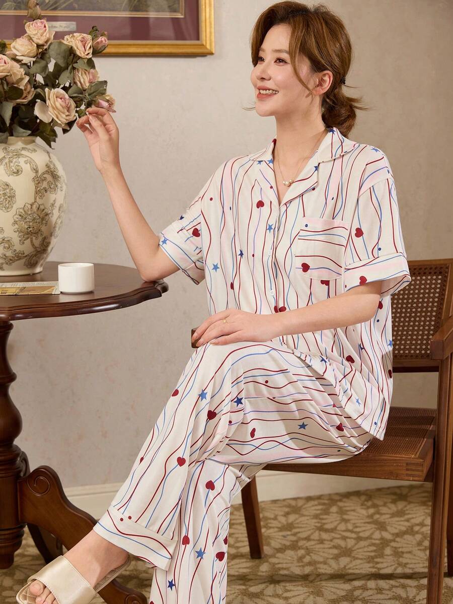 Conjunto de ropa de estar en casa informal de top de una sola hilera y pantalones con estampado completo para mujer - Multicolor - Ver 1