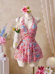 Bellisia Áo tắm liền thân nữ họa tiết hoa ngẫu nhiên, dễ thương, ngọt ngào, gợi cảm, thích hợp cho kỳ nghỉ hè ở bãi biển, kiểu cổ yếm và xếp ly. - Nhiều màu - Xem 1