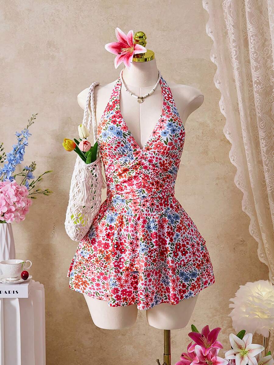 Bellisia Áo tắm liền thân nữ họa tiết hoa ngẫu nhiên, dễ thương, ngọt ngào, gợi cảm, thích hợp cho kỳ nghỉ hè ở bãi biển, kiểu cổ yếm và xếp ly. - Nhiều màu - Xem 1