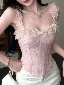 Joudiya 粉色波点印花无袖上衣，镂空蕾丝边饰，适合音乐节、情人节、婚礼、休闲、海滩、夏季等场合穿着。 - 粉色 - 查看 2