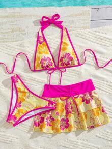 Bellisia Conjunto de biquíni de 3 peças feminino para o verão, com estampa floral, saia frente única e estilo casual de férias na praia e festivais de música. - Multicolorido - Ver 6