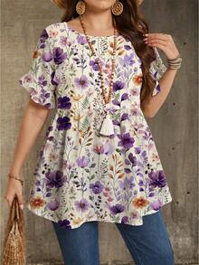 Mellowie Plus Size Women Round Neck Ruffle Trim Short Sleeve Blouse, Summer New Arrival Blouse Spring Outfits For Women Dresses Tunic Tops For Women - White - View 5