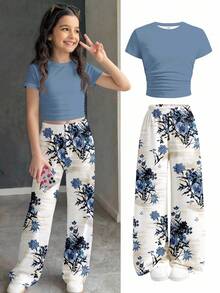 Tween Girl Solid Color Ruffle Crew Neck Short Sleeve T-Shirt And Floral Print Pants Casual Daily Outfit - White - View 3