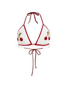 Sweetness Spring Cute Cherry 3D Embroidery Soft Knit Crop Top, Beach Cover Up - Apricot - View 1