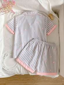 SHEIN Ensemble de tenues d'été légères pour adolescentes, imprimé cœur rayé frais et élégant, garniture et poignets contrastés en rose, doux et confortable, ensemble 2 pièces de loungewear avec cardigan à manches courtes et shorts - Rose bonbon - Voir 2