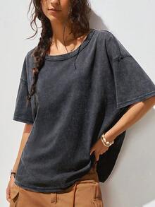 SoleilVie Áo thun nữ tay ngắn cổ tròn họa tiết trái tim đính đá kiểu vintage thường ngày - màu đen - Xem 4