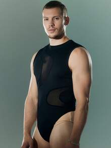 FeverCity Body de hombre de unicolor con parches de malla sexy - Negro - Ver 5