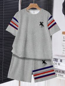 Setelan Kaos dan Celana Pendek Lengan Pendek Leher Bulat Minimalis Nyaman Kasual untuk Anak Laki-Laki Remaja - MultiWarna - View 2