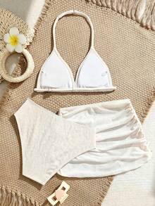 SHEIN New Fashionable Teen Girl Beige Special Fabric Halter Bikini Set With Cover-Up And Mini Skirt - Beige - View 2