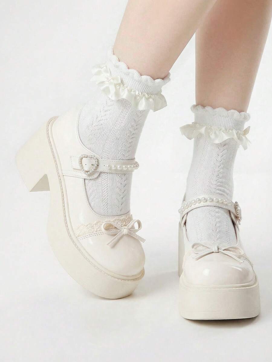 ROMWE Kawaii 1双纯色学院风可爱PU皮蝴蝶结厚底牛津鞋,英伦时尚乐福鞋,适合户外、学校、节日、四季穿着,玛丽珍鞋款 - 米色 - 查看 1