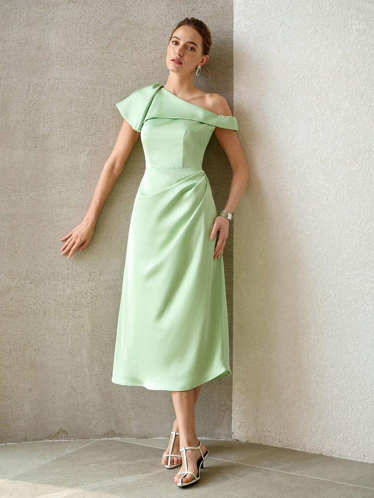 WOMEN'S ROMANTIC ELEGANT ASYMMETRICAL NECK SATIN SHINY MID-LENGTH DRESS