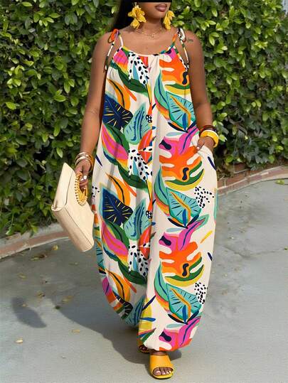 Slaydiva Tropical Print Sleeveless Jumpsuit, Y2K Style Jumpsuit, Versatile Casual Jumpsuit Suitable For Music Festivals, Boho, Easter, Nashville, Birthday, Graduation, Student, Daily Wear, Cruises, Travel, Beach, Plus Size