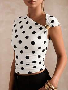 SHEIN BAE Áo thun nữ thời trang thanh lịch in họa tiết chấm bi, xếp ly, khóa kim loại, trễ vai. - trắng - Xem 5