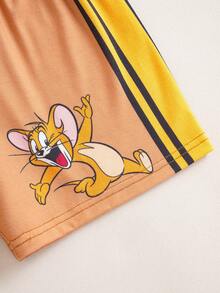 TOM & JERRY X SHEIN Young Boy Casual Letter & Cartoon Print Short Sleeve T-Shirt And Shorts Set - Black - View 6