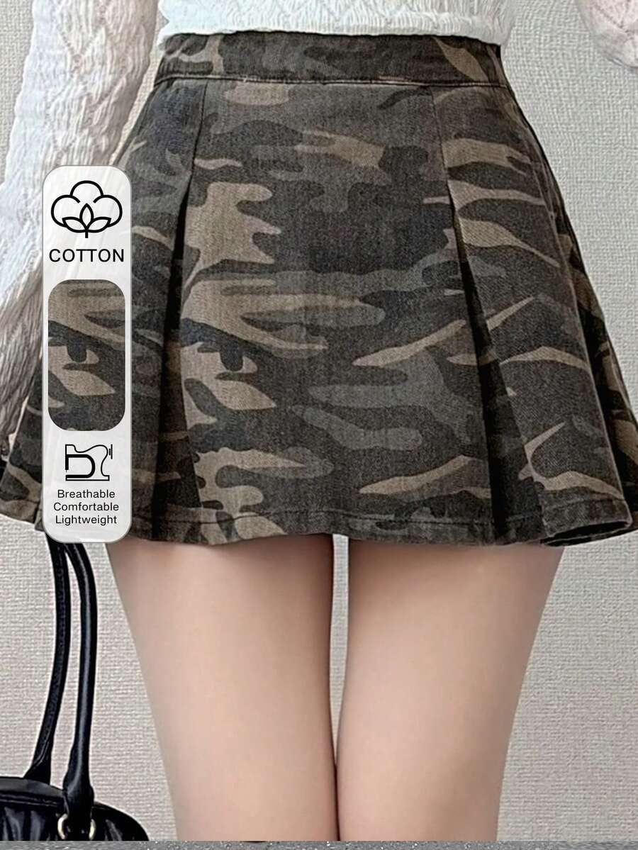 FRIFUL 女士迷彩图案褶皱休闲牛仔裙 - 藍色 - 查看 1