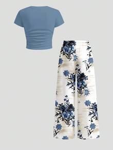 Tween Girl Solid Color Ruffle Crew Neck Short Sleeve T-Shirt And Floral Print Pants Casual Daily Outfit - White - View 4
