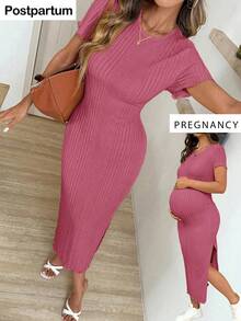 SHEIN 夏季孕妇休闲纯色侧开衩连衣裙 - 中紫紅色 - 查看 8