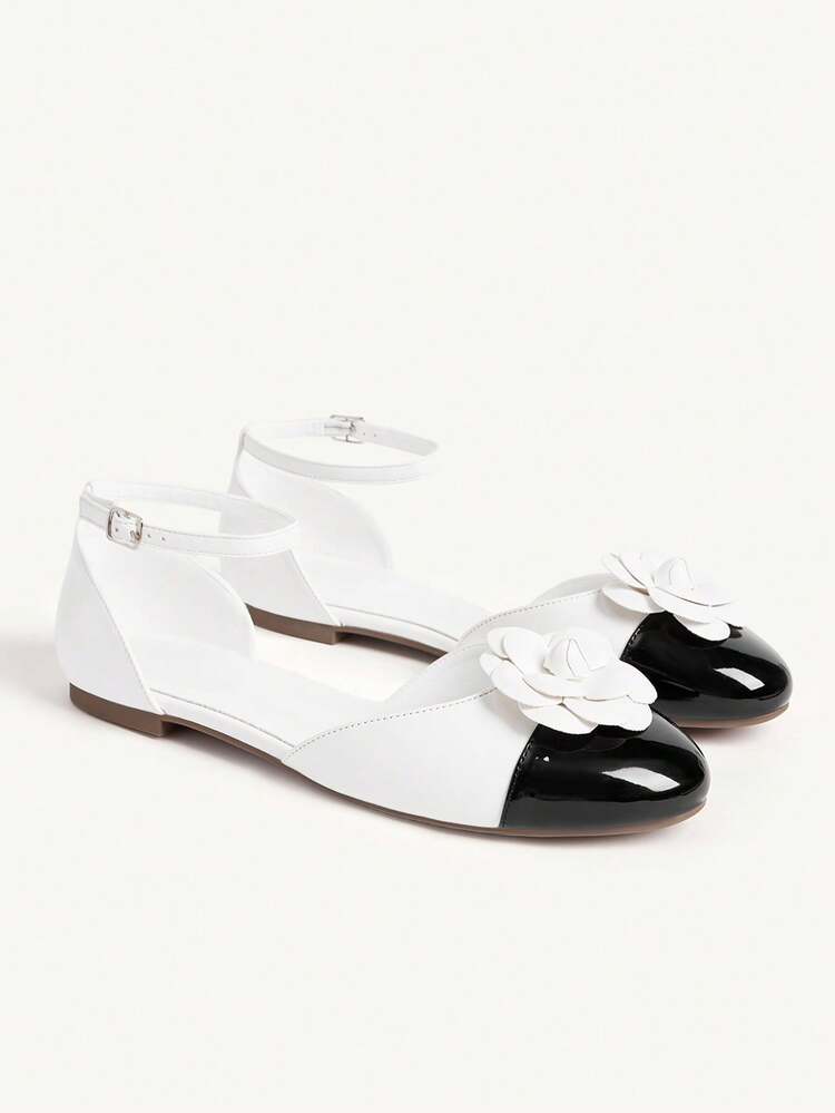 CUCCOO CHICEST Women Shoes Small Round Toe Flat Bottom White Three-Dimensional Flower Building Color Splicing Ankle Strap Hollow Women's Low Vamp Flat Sole Shoes Light, Comfortable, Stylish And Elegant Daily Commuting Women's Flat Sole Shoes